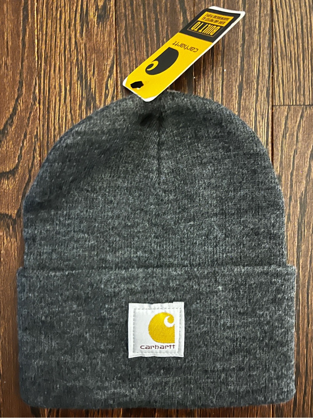 Carhartt Dark Gray Knit Beanie with Yellow Logo Patch